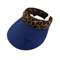 Detail van blauwe stro zonneklep met luipaardprint band en 100% papiervezel etiket - Marineblauw