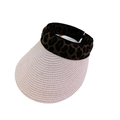 Detailweergave van de roze stro zonneklep met trendy luipaardprint elastische hoofdband dames - Roze