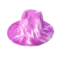 Detailed close-up of a purple and white tie-dye wide brim wool fedora jazz hat - Purple