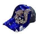 Dettaglio del motivo a volpe con strass sul cappellino trucker blu reale con paillettes - Blu