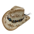 Hollow out straw cowboy hat with bohemian turquoise beads for summer beach sun protection - One Size / Beige