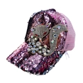 Berretto da baseball rosa con paillettes da donna, patch volpe in strass e rete traspirante - Rosa