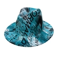 Blue tie-dye fedora hat with black graffiti print and wide brim for men and women - One Size / Greenish Blue