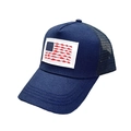 Detail of navy blue trucker hat with American flag fish patch and breathable mesh back - Navy Blue