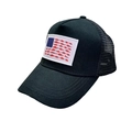 Detailed view of black trucker hat with mesh back and fish American flag embroidery - Black