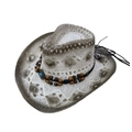 Hollow out Western cowboy straw hat with turquoise ornament and ethnic wooden beads - One Size / White
