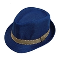 Classic dark blue woven fedora for kids with stylish striped band for sun protection - One Size / Navy Blue