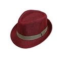 Classic dark red fedora straw hat with striped ribbon for children outdoor beach wear - One Size / Burgundy