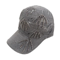 Grey knitted baseball cap with sparkling rhinestone leaf patterns and hollow mesh design - One Size / Gray
