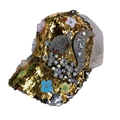 Sparkly gold sequin baseball cap featuring rhinestone squirrel and colorful floral accents - One Size / Gold