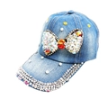 Cappello da baseball in denim per donna con fiocco di strass e visiera di cristalli - Taglia unica / Denim Celeste