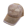 Detail of breathable knitted baseball cap with iridescent rhinestones in earthy brown tone - One Size / Khaki