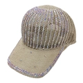 Detail of knitted mesh baseball cap with shiny rhinestones and breathable hollow texture - One Size / Beige