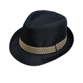 Detail of black woven straw fedora hat featuring a stylish striped band for kids - One Size / Black