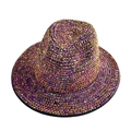 Detailed macro view of vibrant AB rhinestones on the wool fedora jazz hat surface - Purple & Yellow