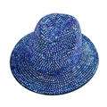 Macro detail of royal blue crystal rhinestones on a vintage wool felt fedora hat - Blue and Purple