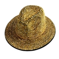 Top view of a gold fedora hat featuring dense rhinestone embellishments and a wide brim - Ginger Yellow