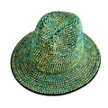 Close-up of rainbow rhinestones on a vintage Fedora hat for stage and party - Teal