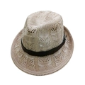Cappello da sole fedora in maglia crema con motivo a foglie traforate e fascia in pelle marrone - Taglia unica / Beige