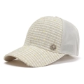 Women's chic beige tweed mesh baseball cap with stylish metallic M emblem and wide brim - Off White