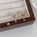 Elegant gold butterfly ear clips with purple enamel and micro-set zircon drop crystals - Clip-On Earrings / Purple Butterfly