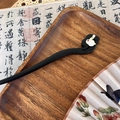Detailed view of an ancient style wooden hair pin with jade rabbit and clouds - Auspicious Cloud Jade Rabbit