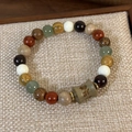 Detail of wooden beads with engraved Chinese characters and natural gemstone accents - Fahai Style (23996C)