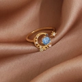 Detail of gold moon and star open ring with blue crystal and micro-pave cubic zirconia - Gold Star Moon Blue Rhinestone Style (23943)