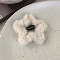Detail eines sternförmigen Plüsch-Haarclips auf Keramikteller mit ästhetischem Buch - Beiger Stern