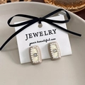 Pendientes rectangulares de esmalte vintage francés con perlas y circón de estilo retro - A Coffee