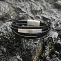 Multi-layer black leather braided bracelet with brushed stainless steel metal plate - Steel Color