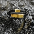 Bracciale da uomo a tre strati in pelle intrecciata con chiusura magnetica oro opaco - Oro