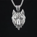 Retro stainless steel wolf head pendant necklace with Nordic runes on black background - Pendant + Matching Chain
