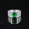 Classic titanium ring with large oval green gemstone and diamond-accented silver band - US 7 / Emerald Style