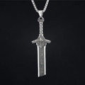 Vintage silver sword pendant necklace with lion head carving on a sturdy box chain - Pendant With Chain As Shown