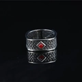 Vintage silver-tone wide ring with red gemstone and intricate woven texture patterns - US 7 / Ruby Style