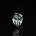 Titanium steel ring with large oval green gemstone and textured silver band for men - US 7 / Emerald Green