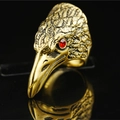 Vintage golden eagle head ring with detailed feathers and red rhinestone eyes for men - US 6 / Gold