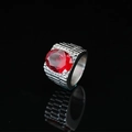 Titanium steel ring featuring an oval red gemstone with grooved silver band finish - US 7 / Ruby Red