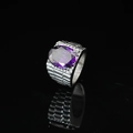 Titanium steel ring with large oval purple gemstone and textured silver band - US 7 / Purple Gem