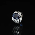Titanium steel ring with oval dark blue gemstone and textured silver band for men - US 7 / Sapphire Blue