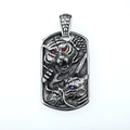 Retro titanium steel military tag pendant with embossed dragon and tiger set with red gems - Pendant Only (No Chain)