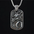 Collana con piastrina militare e drago in rilievo vintage con finitura argento antico - Ciondolo Con Catena
