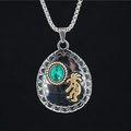 Ethnic teardrop silver necklace with green gemstone and golden Kokopelli symbol - Green Rhinestone Pendant With Chain
