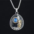 Ethnic retro necklace with waterdrop blue gemstone pendant and golden Kokopelli figure - Blue Rhinestone Pendant With Chain