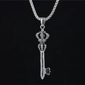 Retro silver crown key pendant necklace with sturdy box chain on dark background - Style A Crown Key Necklace With Chain