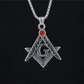 Vintage silver Masonic compass pendant with red stone on a black background - Pendant + Matching Chain