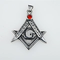 Vintage Masonic pendant necklace in silver finish with red ruby stone and compass symbol - Pendant Only (No Chain)