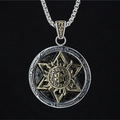 Vintage round hexagram sunburst pendant necklace with a rustic silver finish and box chain - Pendant + Matching Chain