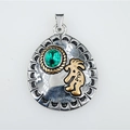Vintage silver oval pendant with green gemstone and golden Kokopelli totem design - Green Rhinestone (Pendant Only (Without Chain))